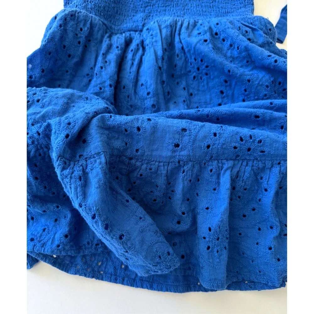 100% Cotton Eyelet Lace Boho Mini Dress Smocked Tie Strap Size S Coastal Chic
